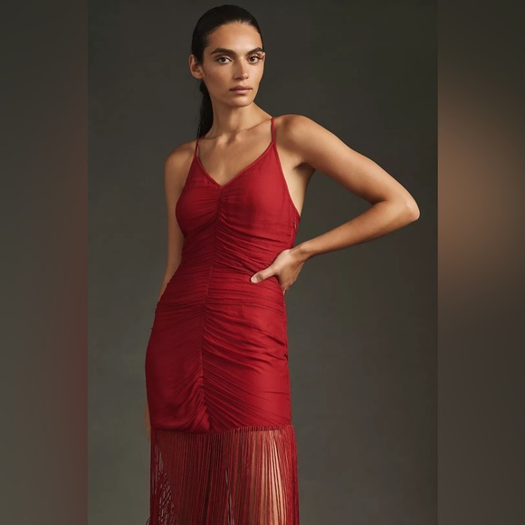 Vineet Bahl Anthropologie Red Sleeveless V-Neck Fringe Maxi Dress NWT Medium - Picture 3 of 16